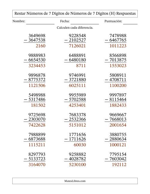 La hoja de ejercicios de Restar números de 7 dígitos de números de 7 dígitos, sin acarreo (21 preguntas) (H) Página 2