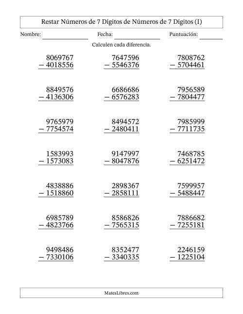 La hoja de ejercicios de Restar números de 7 dígitos de números de 7 dígitos, sin acarreo (21 preguntas) (I)