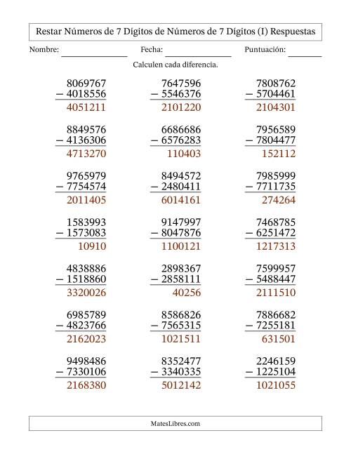 La hoja de ejercicios de Restar números de 7 dígitos de números de 7 dígitos, sin acarreo (21 preguntas) (I) Página 2