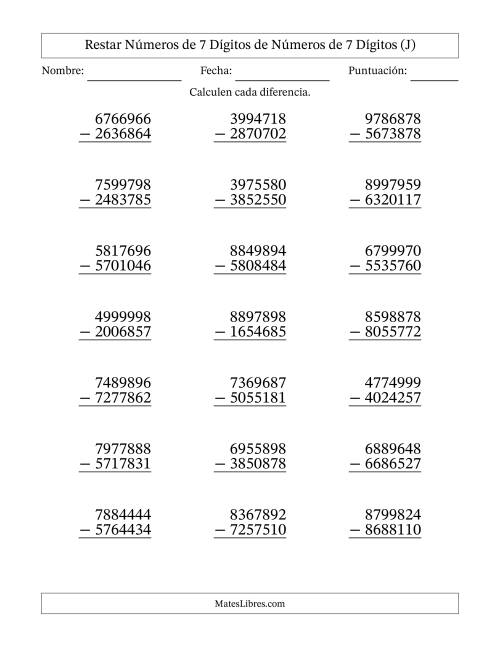 La hoja de ejercicios de Restar números de 7 dígitos de números de 7 dígitos, sin acarreo (21 preguntas) (J)