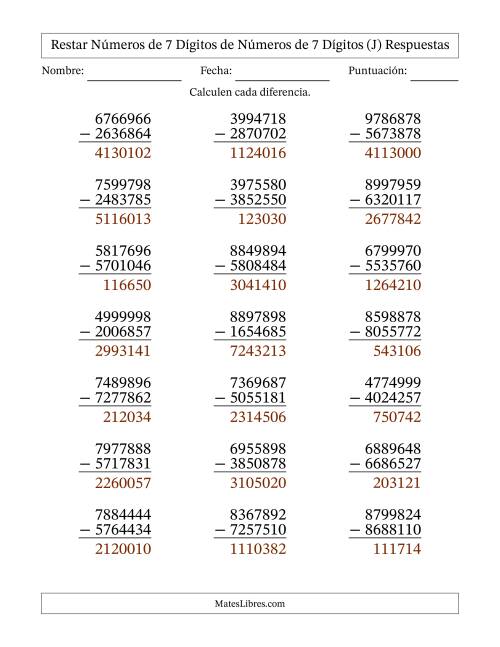 La hoja de ejercicios de Restar números de 7 dígitos de números de 7 dígitos, sin acarreo (21 preguntas) (J) Página 2