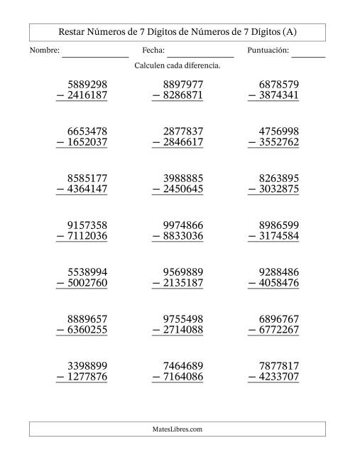 La hoja de ejercicios de Restar números de 7 dígitos de números de 7 dígitos, sin acarreo (21 preguntas) (Todas)