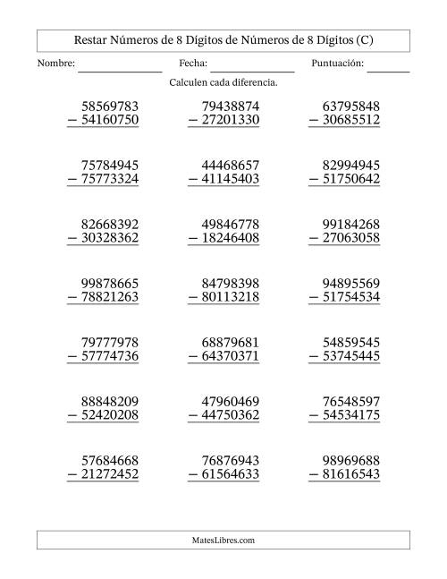 La hoja de ejercicios de Restar números de 8 dígitos de números de 8 dígitos, sin acarreo (21 preguntas) (C)