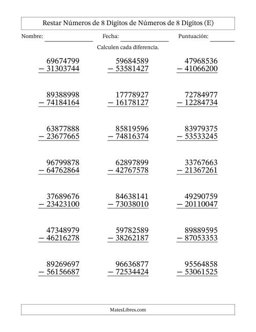 La hoja de ejercicios de Restar números de 8 dígitos de números de 8 dígitos, sin acarreo (21 preguntas) (E)
