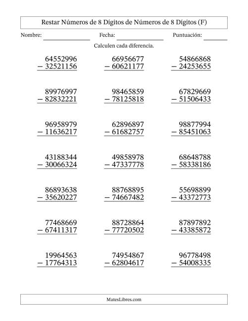 La hoja de ejercicios de Restar números de 8 dígitos de números de 8 dígitos, sin acarreo (21 preguntas) (F)