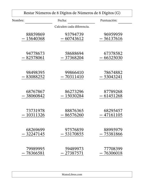 La hoja de ejercicios de Restar números de 8 dígitos de números de 8 dígitos, sin acarreo (21 preguntas) (G)