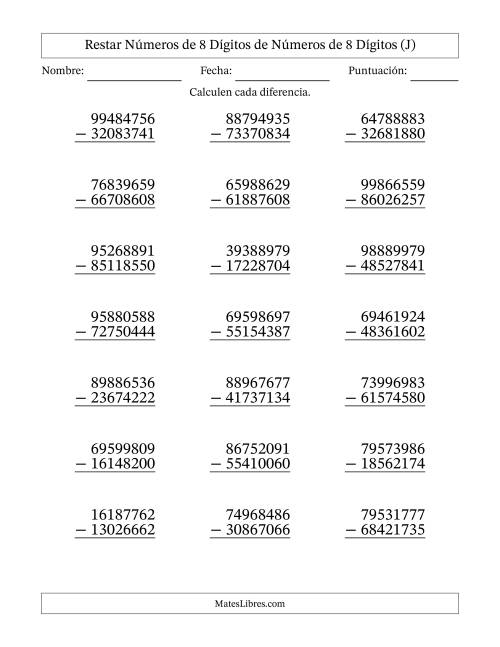 La hoja de ejercicios de Restar números de 8 dígitos de números de 8 dígitos, sin acarreo (21 preguntas) (J)