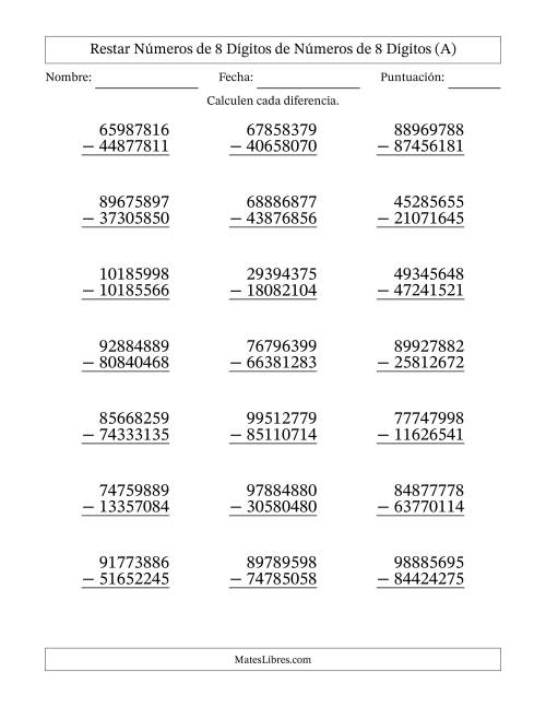 La hoja de ejercicios de Restar números de 8 dígitos de números de 8 dígitos, sin acarreo (21 preguntas) (Todas)