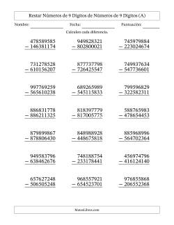 Restar números de 9 dígitos de números de 9 dígitos, sin acarreo (21 preguntas)