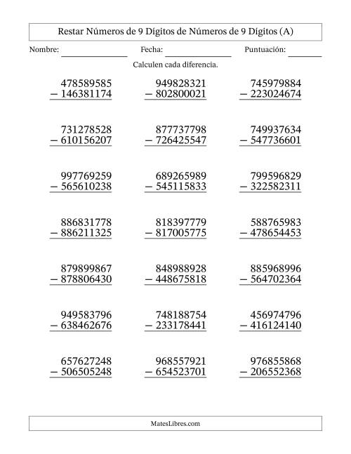 La hoja de ejercicios de Restar números de 9 dígitos de números de 9 dígitos, sin acarreo (21 preguntas) (A)