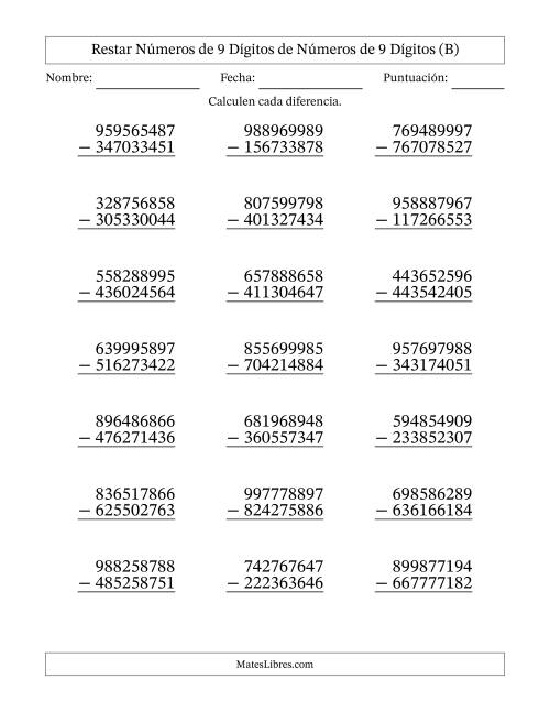 La hoja de ejercicios de Restar números de 9 dígitos de números de 9 dígitos, sin acarreo (21 preguntas) (B)