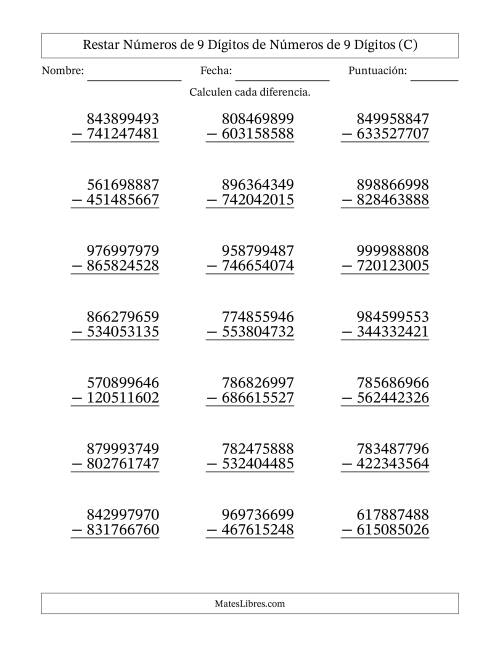 La hoja de ejercicios de Restar números de 9 dígitos de números de 9 dígitos, sin acarreo (21 preguntas) (C)