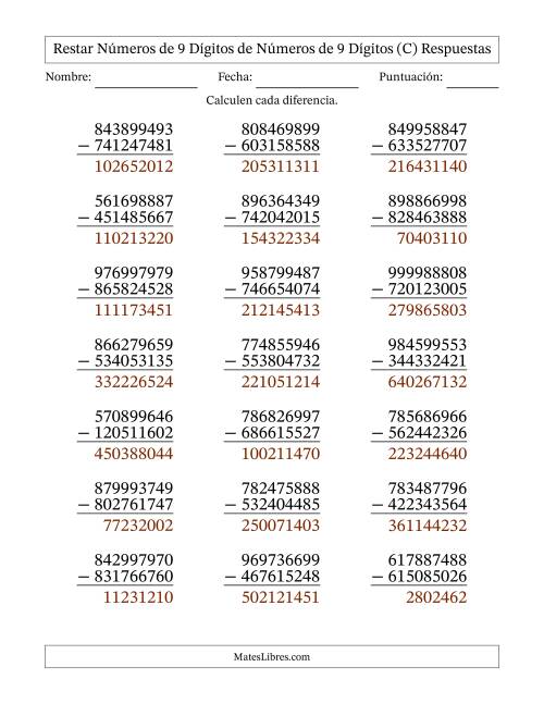 La hoja de ejercicios de Restar números de 9 dígitos de números de 9 dígitos, sin acarreo (21 preguntas) (C) Página 2