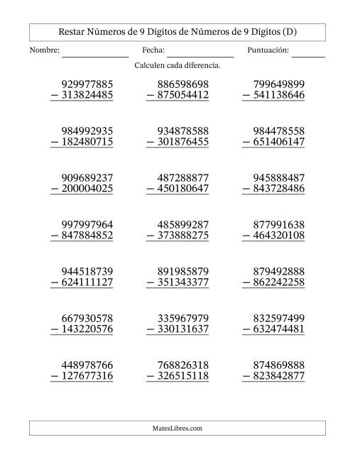 La hoja de ejercicios de Restar números de 9 dígitos de números de 9 dígitos, sin acarreo (21 preguntas) (D)
