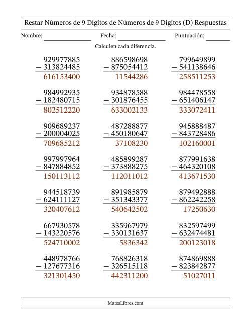 La hoja de ejercicios de Restar números de 9 dígitos de números de 9 dígitos, sin acarreo (21 preguntas) (D) Página 2
