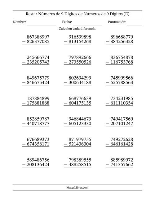 La hoja de ejercicios de Restar números de 9 dígitos de números de 9 dígitos, sin acarreo (21 preguntas) (E)