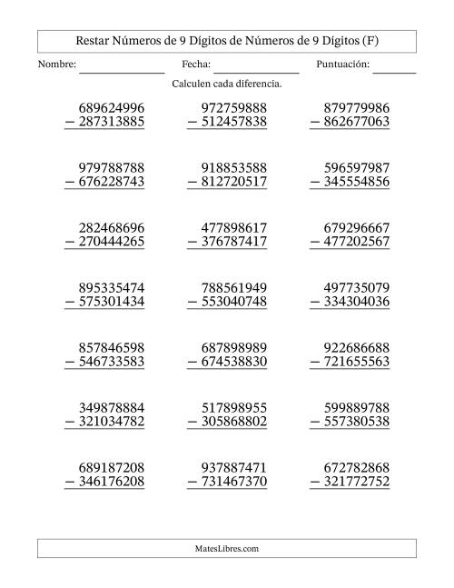 La hoja de ejercicios de Restar números de 9 dígitos de números de 9 dígitos, sin acarreo (21 preguntas) (F)
