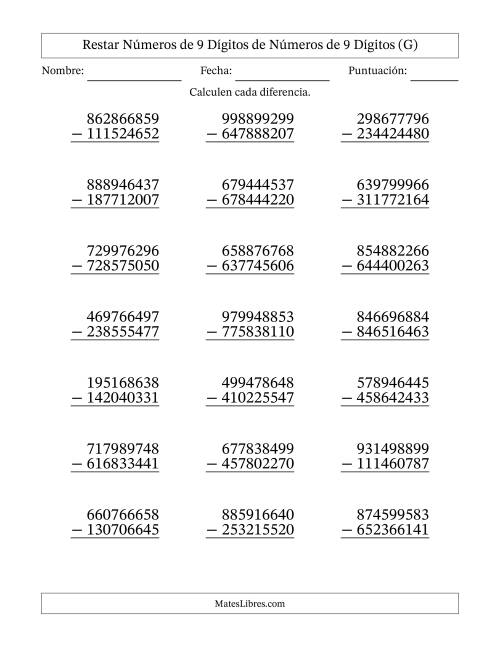 La hoja de ejercicios de Restar números de 9 dígitos de números de 9 dígitos, sin acarreo (21 preguntas) (G)