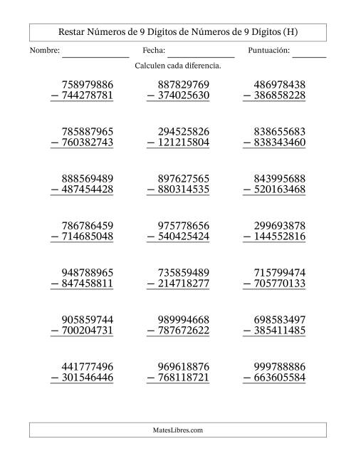 La hoja de ejercicios de Restar números de 9 dígitos de números de 9 dígitos, sin acarreo (21 preguntas) (H)