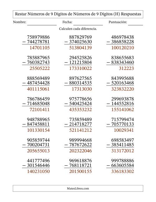 La hoja de ejercicios de Restar números de 9 dígitos de números de 9 dígitos, sin acarreo (21 preguntas) (H) Página 2