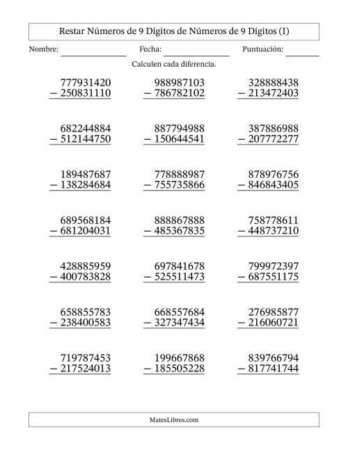 La hoja de ejercicios de Restar números de 9 dígitos de números de 9 dígitos, sin acarreo (21 preguntas) (I)