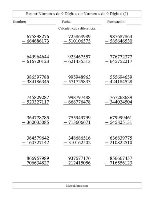 La hoja de ejercicios de Restar números de 9 dígitos de números de 9 dígitos, sin acarreo (21 preguntas) (J)