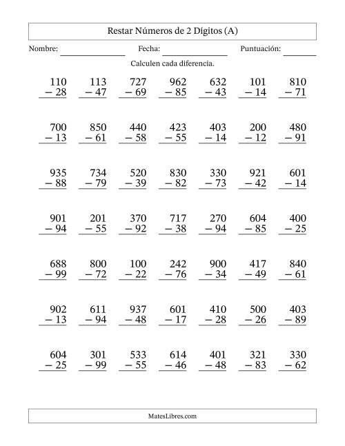 La hoja de ejercicios de Restar números de 2 dígitos con acarreo en todas las preguntas (49 preguntas) (A)