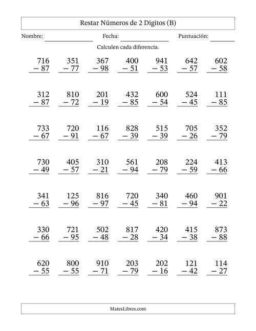 La hoja de ejercicios de Restar números de 2 dígitos con acarreo en todas las preguntas (49 preguntas) (B)