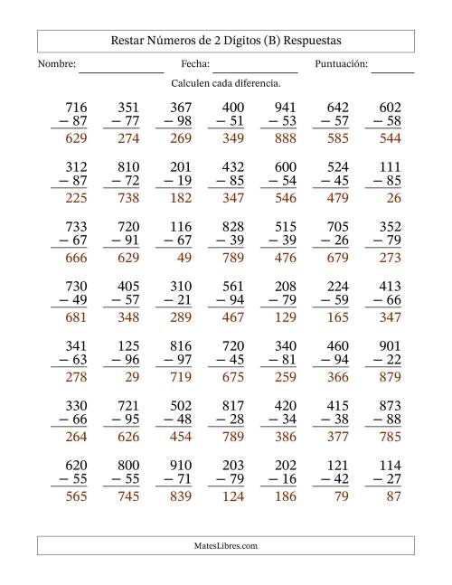 La hoja de ejercicios de Restar números de 2 dígitos con acarreo en todas las preguntas (49 preguntas) (B) Página 2