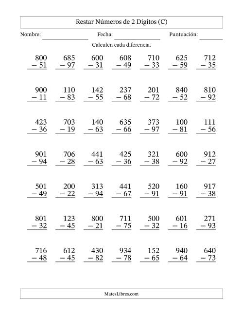 La hoja de ejercicios de Restar números de 2 dígitos con acarreo en todas las preguntas (49 preguntas) (C)