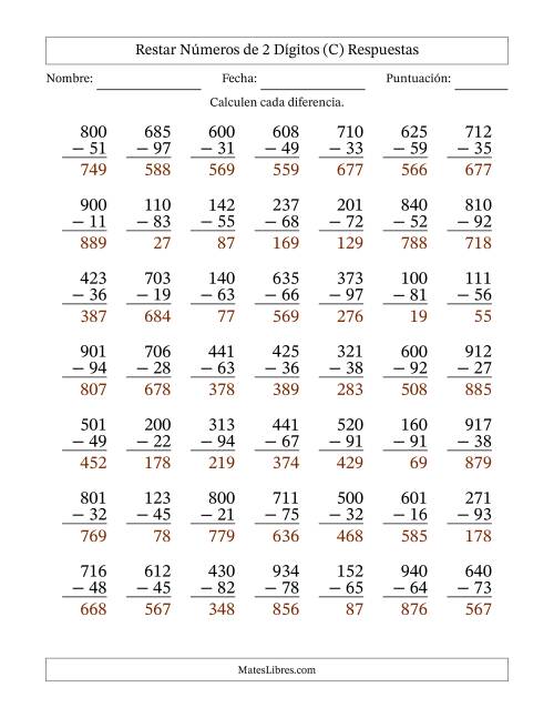 La hoja de ejercicios de Restar números de 2 dígitos con acarreo en todas las preguntas (49 preguntas) (C) Página 2