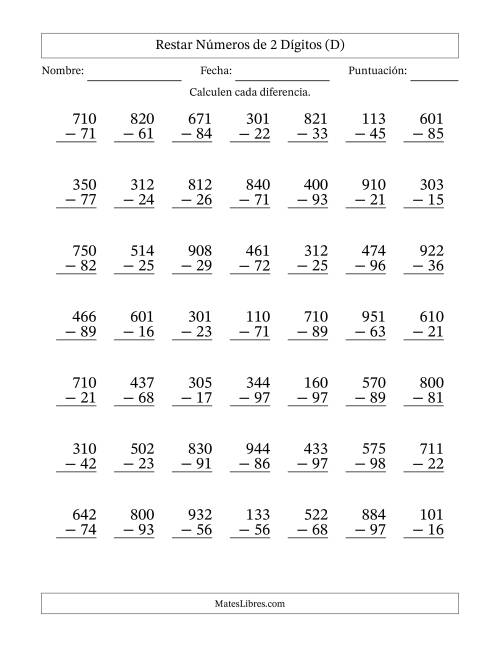 La hoja de ejercicios de Restar números de 2 dígitos con acarreo en todas las preguntas (49 preguntas) (D)