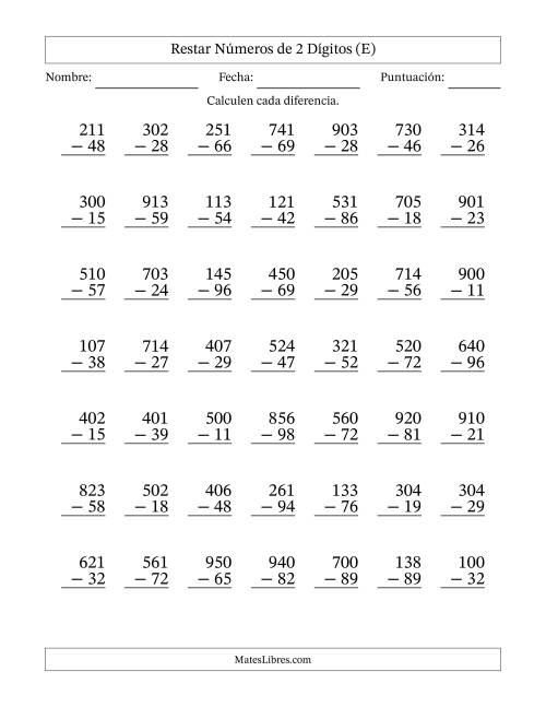 La hoja de ejercicios de Restar números de 2 dígitos con acarreo en todas las preguntas (49 preguntas) (E)
