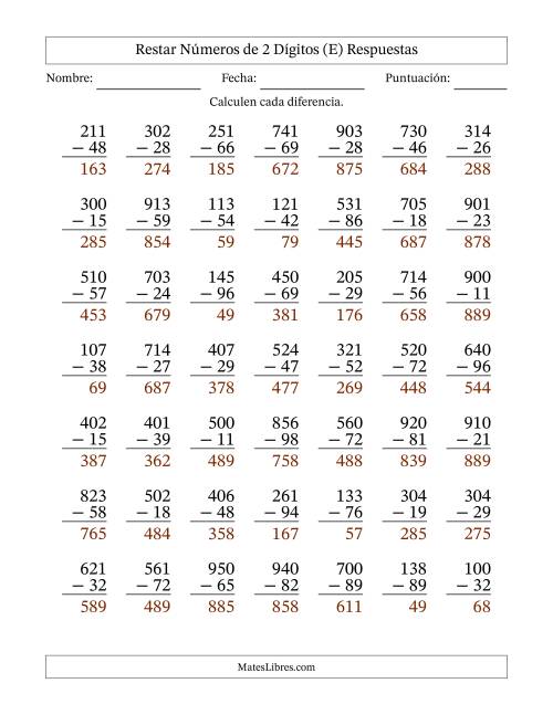 La hoja de ejercicios de Restar números de 2 dígitos con acarreo en todas las preguntas (49 preguntas) (E) Página 2
