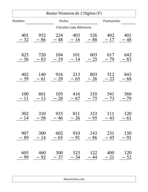 La hoja de ejercicios de Restar números de 2 dígitos con acarreo en todas las preguntas (49 preguntas) (F)