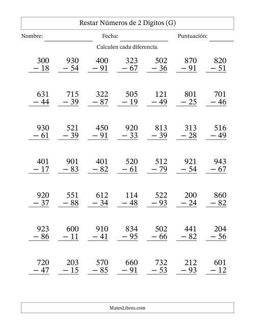 La hoja de ejercicios de Restar números de 2 dígitos con acarreo en todas las preguntas (49 preguntas) (G)