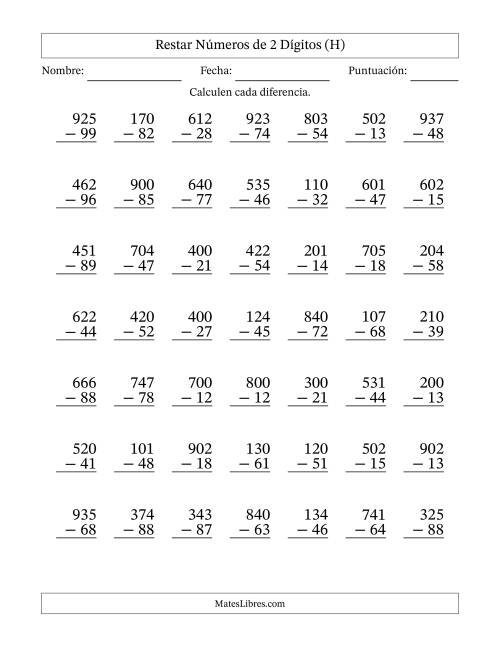 La hoja de ejercicios de Restar números de 2 dígitos con acarreo en todas las preguntas (49 preguntas) (H)