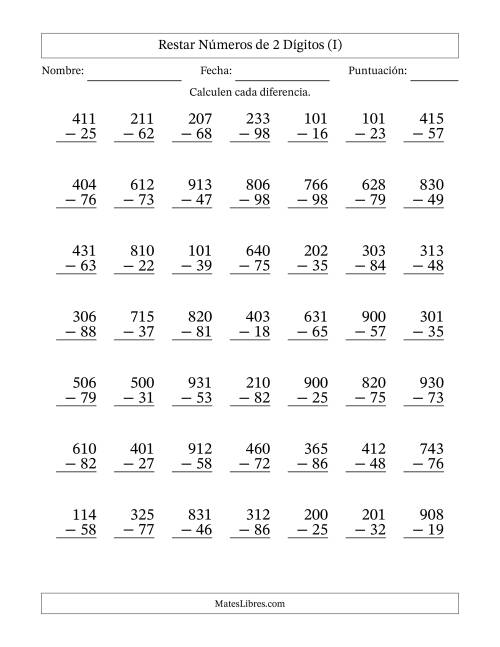 La hoja de ejercicios de Restar números de 2 dígitos con acarreo en todas las preguntas (49 preguntas) (I)