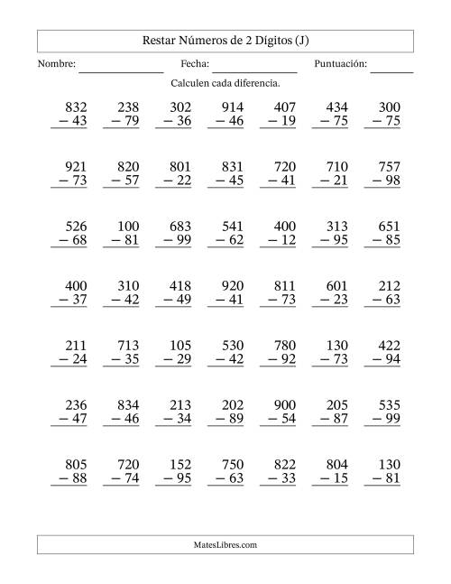 La hoja de ejercicios de Restar números de 2 dígitos con acarreo en todas las preguntas (49 preguntas) (J)