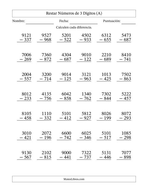 La hoja de ejercicios de Restar números de 3 dígitos con acarreo en todas las preguntas (42 preguntas) (A)