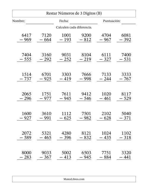 La hoja de ejercicios de Restar números de 3 dígitos con acarreo en todas las preguntas (42 preguntas) (B)
