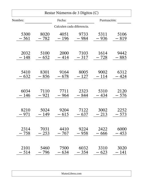 La hoja de ejercicios de Restar números de 3 dígitos con acarreo en todas las preguntas (42 preguntas) (C)