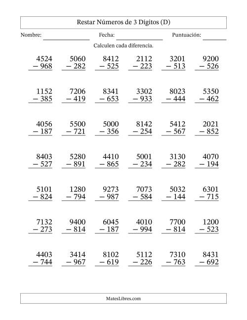 La hoja de ejercicios de Restar números de 3 dígitos con acarreo en todas las preguntas (42 preguntas) (D)