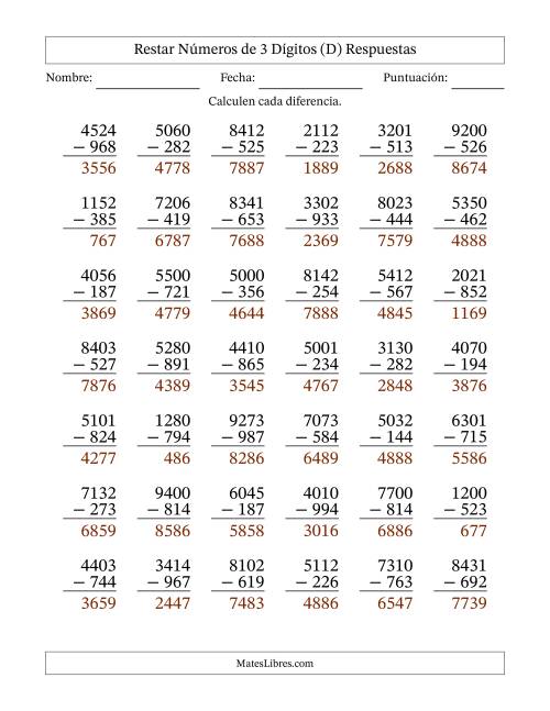 La hoja de ejercicios de Restar números de 3 dígitos con acarreo en todas las preguntas (42 preguntas) (D) Página 2