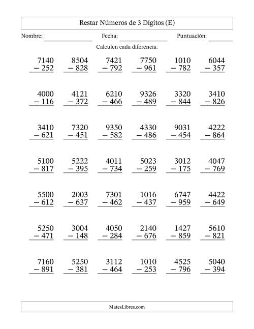 La hoja de ejercicios de Restar números de 3 dígitos con acarreo en todas las preguntas (42 preguntas) (E)