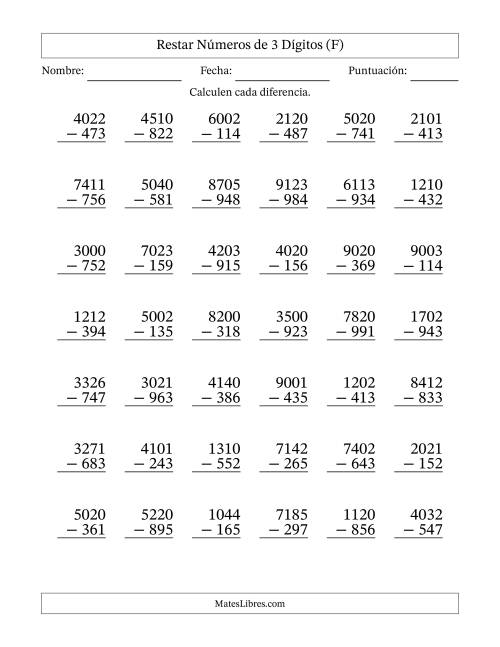 La hoja de ejercicios de Restar números de 3 dígitos con acarreo en todas las preguntas (42 preguntas) (F)