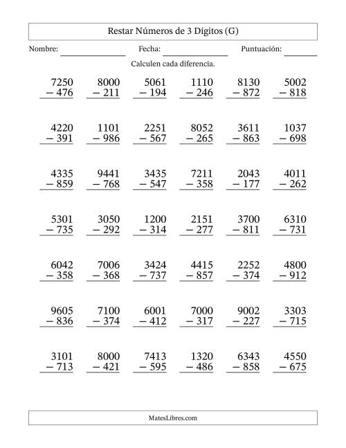 La hoja de ejercicios de Restar números de 3 dígitos con acarreo en todas las preguntas (42 preguntas) (G)