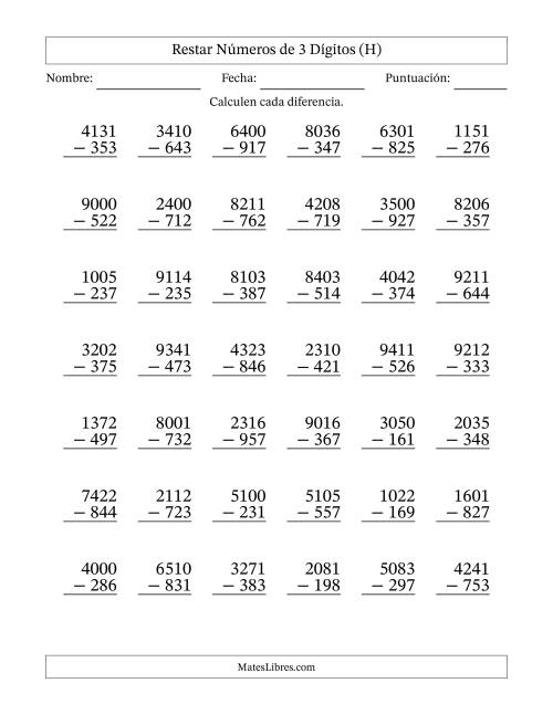La hoja de ejercicios de Restar números de 3 dígitos con acarreo en todas las preguntas (42 preguntas) (H)