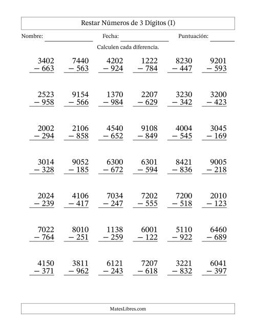 La hoja de ejercicios de Restar números de 3 dígitos con acarreo en todas las preguntas (42 preguntas) (I)
