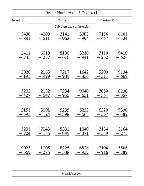 La hoja de ejercicios de Restar números de 3 dígitos con acarreo en todas las preguntas (42 preguntas) (J)